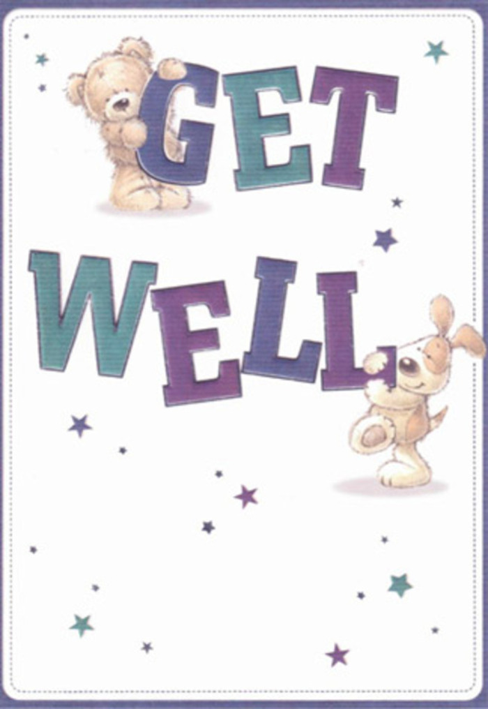 This get well card is a delicate celebration of encouragement and care, visually capturing the neighbourly warmth found across Abbey Wood's local haunts. The card features two endearing companions-a plush teddy bear and a floppy-eared pup-brought to life with vibrant, tactile brushwork that makes them feel almost touchable. Spirited stars, flecked in indigo and teal, seem to twirl around them, scattering best wishes into the air like petals drifting through a spring breeze at Bostall Gardens. The words 'Get Well' anchor the scene, their bold, rounded forms shaded in jewel purples and soothing aquas-evoking the tones of a bouquet crafted for comfort by a caring Abbey Wood florist. The artists have rendered the bear's fur and the puppy's velvety ears with a softness that suggests a comforting embrace, perfectly mirroring the soothing effect of a freshly arranged bunch. This cheerful, light-filled mood is tailor-made to buoy a loved one's spirits wherever they rest in Abbey Wood. As a florist, I imagine pairing this card with a gentle bouquet of bluebells and daisies-creating a gesture that radiates heartfelt support and hope. The illustration's innocence and sincerity offer reassurance, its bright optimism as refreshing as a walk through the leafy trails of Lesnes Abbey Park.