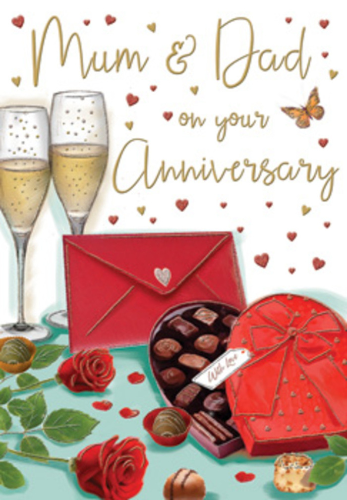 The anniversary card design presents a romantic vignette that radiates warmth, indulgence, and long-lasting affection, much like a cherished evening at home in Abbey Wood after a stroll through Bostall Gardens. Two tall champagne flutes dominate the upper part of the composition, their slender stems and gently curved bowls catching soft highlights. Inside, a golden effervescence rises in delicate streams, the bubbles suspended mid-ascent as though frozen at the precise moment of a toast between loving partners, perhaps Mum and Dad marking another year together. Below the glasses, a heart-shaped box of chocolates forms the cosy centre of the scene. Its red lid, edged in subtle shading, is tipped open to reveal an array of carefully drawn chocolates, each one distinct in shape and pattern, suggesting different flavours chosen with thought and care. A luxurious red bow sits proudly atop the box, its satin loops and trailing tails echoing the richness of the surrounding reds. Nearby, two exquisitely rendered red roses rest on the tabletop, their velvety petals curling outward in layered spirals. The roses' deep crimson hue is offset by lush green leaves that suggest freshness and expert selection-exactly the kind of detail a local Abbey Wood florist would notice when preparing an anniversary bouquet. Around this intimate arrangement, tiny gold and crimson hearts drift gracefully across the background, catching the warm light and drawing attention toward a tender Mum & Dad message penned in an elegant, hand-lettered style. A scarlet envelope lies close at hand, its pointed flap closed and smooth, hinting at a personal note or family memories written within. The entire setting glows with a gentle, golden ambiance that suggests candlelight or early evening sun filtering through a window, creating an atmosphere of cosy romance, shared treats, and the comforting certainty of love that has weathered many seasons in Abbey Wood.