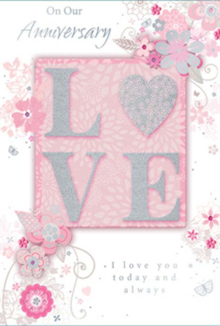 Displayed against a neutral surface, this anniversary card looks like a paper keepsake infused with the warmth of long-standing love, such as a couple might exchange after an evening walk through Abbey Wood's tree-lined streets. The central feature is a bold yet soft rendering of the word LOVE, printed in raised, frosted glitter that appears almost icy-white with hints of silver, catching the light the way dew glistens on early morning petals. The letters stand out from a gentle blush-pink backdrop, their texture suggesting a softly sanded surface under the fingertips. Around this main motif, a cascade of fine, hand-drawn blossoms drifts along the borders, in shades of blush, lilac, ivory, and light grey. These floral sprays are delicate rather than dense, like a sketchbook study created by a florist planning a hand-tied anniversary bouquet inspired by the calm greenery around Lesnes Abbey. Thin, curling tendrils and tiny leaves weave between the blooms, while subtle butterflies and filigree flourishes hide almost playfully among the petals, waiting to be discovered when the card is held close. An intimate message-similar in spirit to I love you today and always-is printed in a quiet, graceful script, placed so it feels cradled by the floral artwork rather than simply added on. The palette of pastel pinks, creamy whites, and silvery greys creates a gentle, dreamlike atmosphere, evoking candlelit dinners at home in Abbey Wood. The overall impression is one of calm devotion and tender artistry, like a carefully curated floral design translated into shimmering paper form for an anniversary celebration.