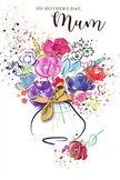 Lively Mother's Day card illustration showing a colourful watercolour bouquet in a vase, painted with the kind of expressive freedom you might see in a local Abbey Wood art fair. The flowers are created through broad, fluid strokes and delicate splashes of pigment, with lush purples, playful pinks, radiant reds, and calming blues all mingling harmoniously. Deep indigo contours suggest petal edges, while soft lavender and lilac tones blend into cerise and rose, evoking the feel of garden favourites rather than specific, sharply defined blooms. Throughout the arrangement, small touches and outlines of shimmering gold glint against the white background, adding a refined, celebratory note, like sunlight catching on ribbons and cellophane as bouquets are carried along Abbey Wood's residential streets. The bouquet rises from a simple, gently curved vase, rendered with soft washes of colour that give it shape without heaviness. A fine golden bow sits neatly at the base, symbolising the care and intention behind a hand-tied gift. Around the main cluster of flowers, scattered specks of colour and heart motifs flutter like confetti or falling petals, surrounding the bouquet with a sense of movement and joy. The overall composition is light yet emotionally full, combining airy negative space with rich, saturated hues. It feels like a visual embrace for a beloved mum, capturing gratitude, tenderness, and celebration in every brushstroke, and would pair beautifully with a fresh floral delivery to mark Mother's Day in Abbey Wood.