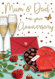 This illustrated anniversary card feels like a quiet celebration laid out on a table in an Abbey Wood home, where every detail has been chosen to honour lasting love. Two tall champagne flutes stand together in the upper part of the design, their clear glass bodies catching a warm glow. Each flute is filled with sparkling golden champagne, and the artist has captured the bubbles mid-rise, giving the impression of a toast paused just long enough to appreciate the moment. Beneath them, a heart-shaped box of chocolates, coloured in deep red and curved with gentle softness, takes centre stage. The lid is slightly open, revealing neat rows of assorted chocolates, each truffle rounded and carefully shaded so you can almost imagine their rich, sweet scent wafting through a living room near Abbey Wood's quiet residential streets. A full, luxurious red bow wraps around the box, its folds soft and inviting, echoing the lushness of the two red roses placed nearby. These roses are depicted in a deep crimson, with velvety petals layered tightly in a natural spiral, set against glossy green leaves that suggest they were freshly chosen from a florist's display that morning. Scattered across the warm-toned background are tiny golden and crimson hearts, their gentle shimmer leading the eye toward a loving message addressed to Mum & Dad, written in a flowing, hand-lettered script that feels intimate and deeply personal. At the edge of the arrangement lies a scarlet envelope, perfectly sealed and ready to be opened, hinting at affectionate words or family memories captured inside. The card's overall lighting is soft and golden, wrapping the whole composition in a cosy, romantic atmosphere that speaks of anniversaries marked with shared treats, clinking glasses, and the steady love at the heart of family life in Abbey Wood.
